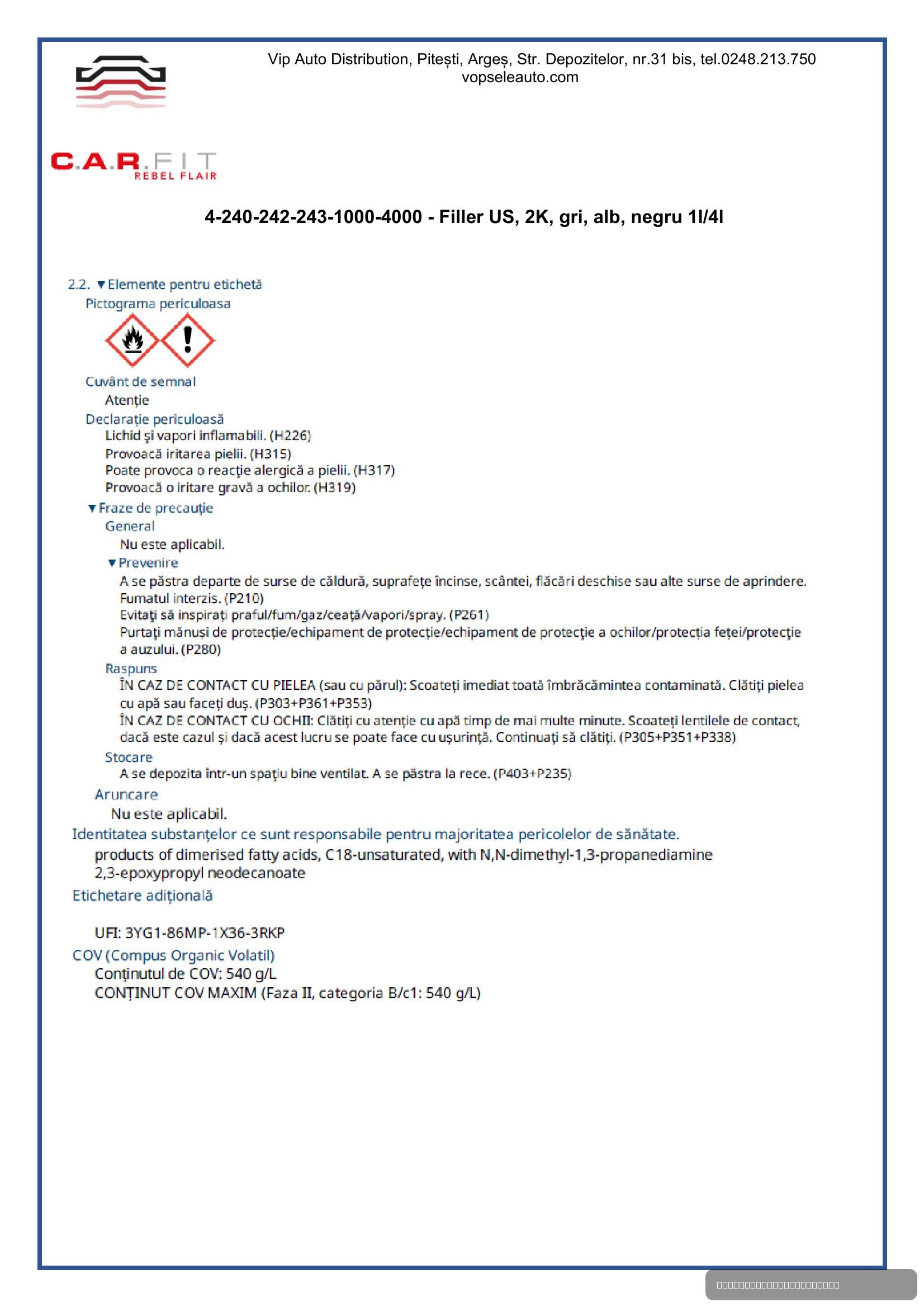 Filler US, 2K, gri, 4L, C.A.R. FIT